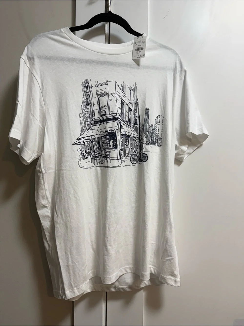 J Crew T shirt, New W/Tags Mens L, White & Bk Cafe Scene, Short Sleeve, Unisex